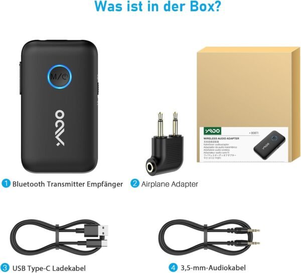 61dPmSPRwL._AC_SL1500_.jpg YMOO Bluetooth 5.3 adaptér pre TV/lietadlo na slúchadlá, 2 v 1 Bluetooth vysielač a prijímač s APTX-II, Bluetooth vysielač s 3,5 mm konektorom, rozbočovač 2 na TV audio do reproduktora, 22 hodín