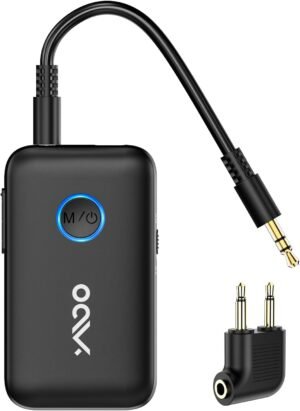61j2dIFVHpL._AC_SL1500_.jpg YMOO Bluetooth 5.3 adaptér pre TV/lietadlo na slúchadlá, 2 v 1 Bluetooth vysielač a prijímač s APTX-II, Bluetooth vysielač s 3,5 mm konektorom, rozbočovač 2 na TV audio do reproduktora, 22 hodín