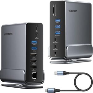 VENTION Docking Station Dual Monitor 16 v 1 – dokovacia stanica s trojitým výstupom USB-C pre počítače s Windows, Thunderbolt 3/4, Dell, HP, s dvojitým 4K HDMI, DP, USB 10 Gb/s, RJ45, 100 W PD, audio, SD/TF