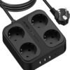 3 m predlžovací kábel, JSVER – viacnásobná zásuvková lišta so 4 priehradkami, 3 portmi USB A a 1 portom USB C, rozbočovač so vypínačom, montáž na stenu, prepäťová ochrana, predlžovací kábel pre domácnosť a kanceláriu, čierny