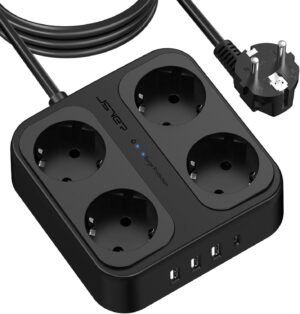 3 m predlžovací kábel, JSVER – viacnásobná zásuvková lišta so 4 priehradkami, 3 portmi USB A a 1 portom USB C, rozbočovač so vypínačom, montáž na stenu, prepäťová ochrana, predlžovací kábel pre domácnosť a kanceláriu, čierny