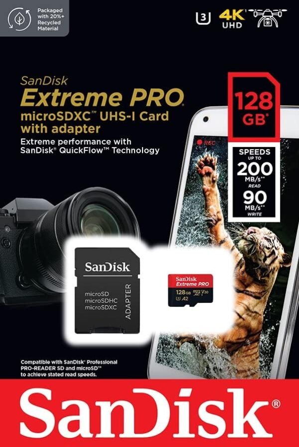 61roVU9ZdjL._AC_.jpg Pamäťová karta SanDisk Extreme PRO microSDXC UHS-I 128 GB + adaptér a RescuePRO Deluxe (pre smartfóny, akčné kamery alebo drony, A2, Class 10, V30, U3, prenosová rýchlosť 200 MB/s)