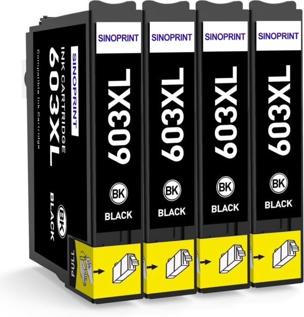 71-xfh8l5NL._AC_SL1500_.jpg 603XL 4 čierne atramentové kazety pre model 603, kompatibilné s tlačiarňami Epson 603XL, WF-2830, WF-2830DWF, WF2830, WF2850, WF2835, XP-3100, XP-2100, XP-2105, XP-3105, XP-4100, XP-2105 a XP-4105