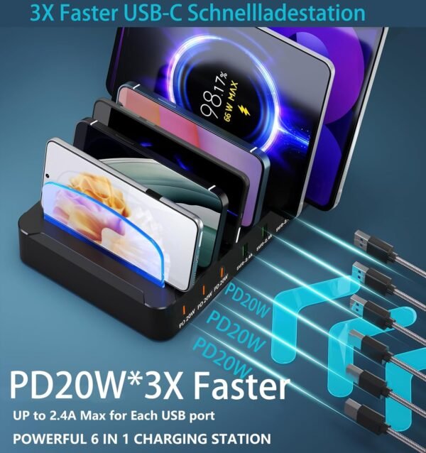 Nabíjacia stanica USB-C Multi Dock s 6 portmi PD 96 W, inteligentná rýchlonabíjacia stanica s 3x PD 20 W, USB-C nabíjací konektor, kompatibilná s telefónmi, iPadmi, hodinkami, stojanmi, tabletmi a ďalšími zariadeniami (6 káblov)