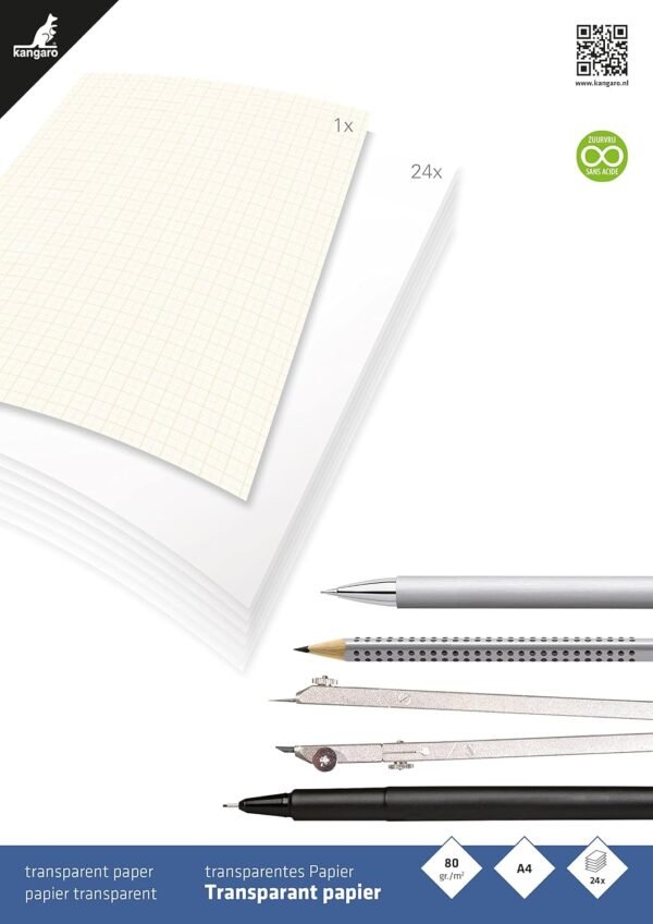 Kangaro Priehľadný technický kresliaci papier/milimetrový papier DIN A4, 24 strán, 80 g/m², papier s 1 listom s oranžovou mriežkou 1/5/10 mm, K-770300