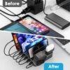 ZWOOS USB nabíjacie stanica 68 W/12 A so 6 konektormi a rýchlym nabíjaním PD 20 W pre iPhone 14/13, držiak iWatch 2 v 1, vrátane 8 káblov pre telefóny, tablety a ďalšie zariadenia
