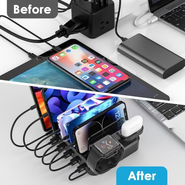 ZWOOS USB nabíjacie stanica 68 W/12 A so 6 konektormi a rýchlym nabíjaním PD 20 W pre iPhone 14/13, držiak iWatch 2 v 1, vrátane 8 káblov pre telefóny, tablety a ďalšie zariadenia