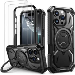 Puzdro Lanhiem pre iPhone 16 Pro Max s 2 ochrannými fóliami, ochranné puzdro so stojanom 360°, vojenské puzdro odolné proti nárazom pre iPhone 16 Pro Max, čierne