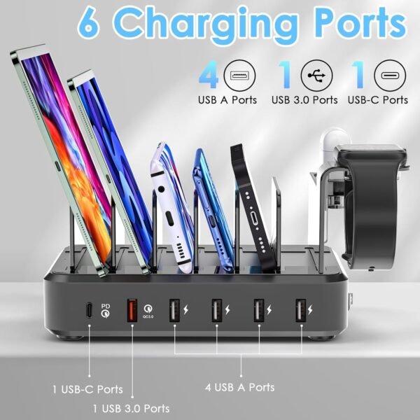 ZWOOS USB nabíjacie stanica 68 W/12 A so 6 konektormi a rýchlym nabíjaním PD 20 W pre iPhone 14/13, držiak iWatch 2 v 1, vrátane 8 káblov pre telefóny, tablety a ďalšie zariadenia