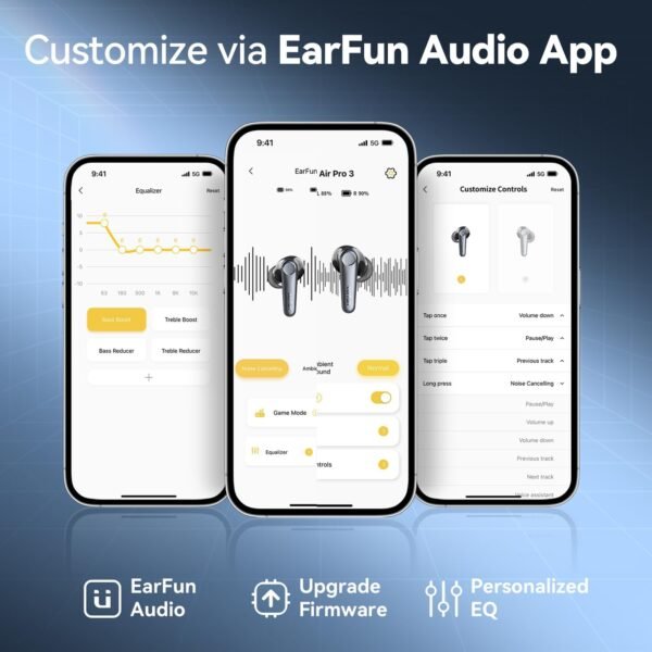 71EQ9FDG9yL._AC_SL1500_.jpg Bluetooth slúchadlá do uší EarFun Air Pro 3, hybridné aktívne potlačenie okolného hluku 43 dB, bezdrôtové slúchadlá s HiFi zvukom a technológiou Qualcomm aptX, 6 mikrofónov s technológiou cVc 8.0 pre hovory, multipoint, výdrž batérie 45 hodín, ovládanie