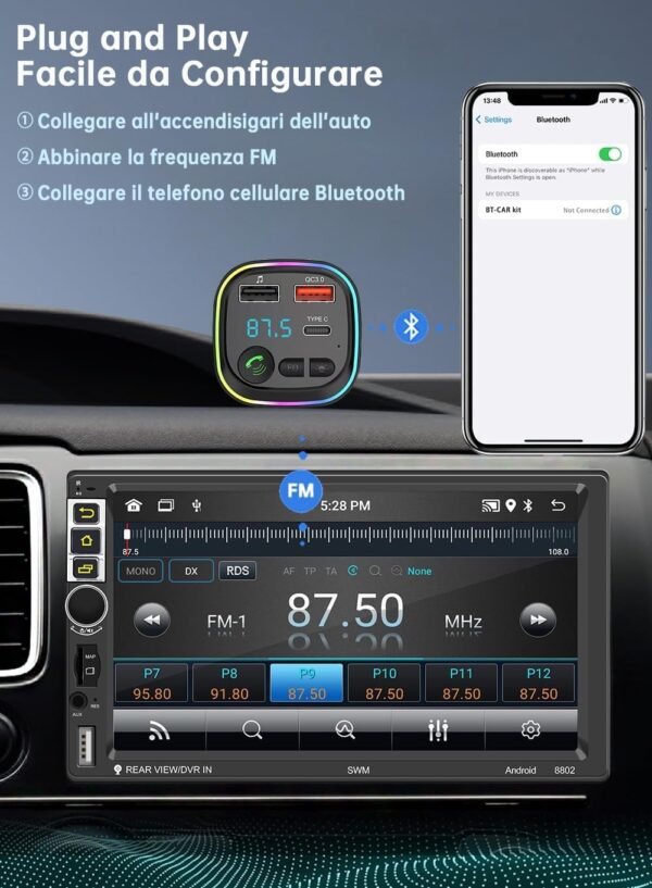 71GIx3KxxxL._AC_SL1361_.jpg FM vysielač, Bluetooth 5.3, bezdrôtový adaptér do auta, QC3.0, rýchle nabíjanie, bezdrôtový prehrávač MP3, Bluetooth, 2 USB + 1 Type-C, handsfree, podporuje USB a TF kartu