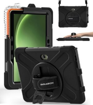 BRAECN Puzdro pre Galaxy Tab Active 5 Pro 2025/Active 4 Pro 2022/Active Pro 2019 10,1 palca, odolné ochranné puzdro odolné proti nárazom s podstavcom otočným o 360° a remienkom na ruku, držiak na pero