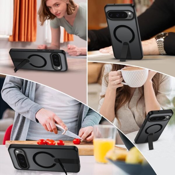 Magnetické puzdro pre Google Pixel 9/9 Pro/10/10 Pro, matné priehľadné puzdro na mobil s neviditeľným stojanom, tenký silikón odolný proti poškriabaniu, zadná strana s vojenským ochranným obalom, čierne