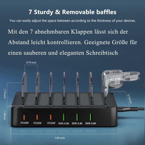 Nabíjacia stanica USB-C Multi Dock s 6 portmi PD 96 W, inteligentná rýchlonabíjacia stanica s 3x PD 20 W, USB-C nabíjací konektor, kompatibilná s telefónmi, iPadmi, hodinkami, stojanmi, tabletmi a ďalšími zariadeniami (6 káblov)