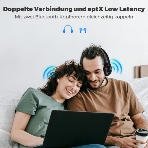 71JxjQ7EbWL._AC_SL1500_.jpg Bluetooth 5.3 adaptér a vysielač pre TV zvuk do 2 slúchadiel, Bluetooth vysielač 2 v 1 podporuje 2 AirPods alebo slúchadlá s technológiou aptX Low Latency, pre slúchadlá, AirPods, audio systém