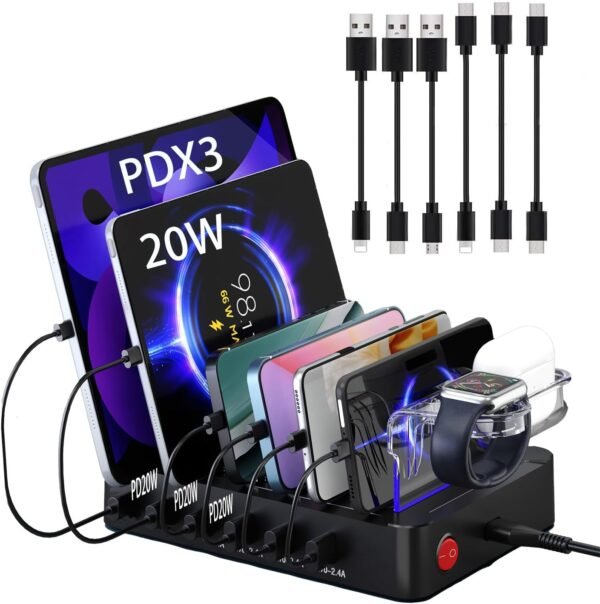 Nabíjacia stanica USB-C Multi Dock s 6 portmi PD 96 W, inteligentná rýchlonabíjacia stanica s 3x PD 20 W, USB-C nabíjací konektor, kompatibilná s telefónmi, iPadmi, hodinkami, stojanmi, tabletmi a ďalšími zariadeniami (6 káblov)