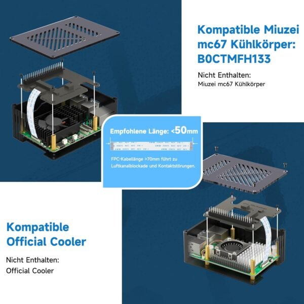Miuzei Kovové puzdro pre Raspberry Pi 5 s podporou PCIe M.2 NVMe SSD Shield Top X1001/ X1003/ X1000 – všetky rozširujúce dosky SSD na hornej strane, puzdro pre Raspberry Pi 5 8 GB/4 GB s podporou oficiálneho aktívneho chladiča, čierne