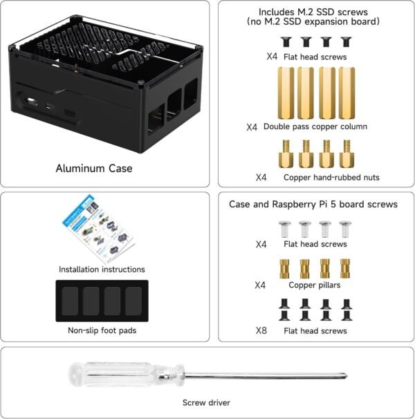Miuzei Kovové puzdro pre Raspberry Pi 5 s podporou PCIe M.2 NVMe SSD Shield Top X1001/ X1003/ X1000 – všetky rozširujúce dosky SSD na hornej strane, puzdro pre Raspberry Pi 5 8 GB/4 GB s podporou oficiálneho aktívneho chladiča, čierne