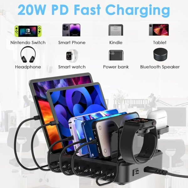 ZWOOS USB nabíjacie stanica 68 W/12 A so 6 konektormi a rýchlym nabíjaním PD 20 W pre iPhone 14/13, držiak iWatch 2 v 1, vrátane 8 káblov pre telefóny, tablety a ďalšie zariadenia