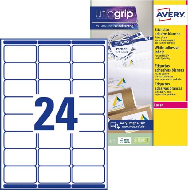 Avery L7159 – 15 kusov, 360 štítkov, umelý papier, laserové tlačové, 63,5 x 33,9 mm, biele