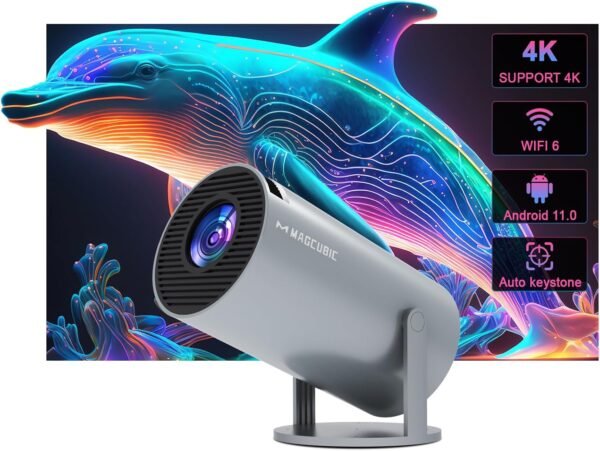 71Pp7Sf9dIL._AC_SL1500_.jpg Mini prenosný projektor s automatickou korekciou lichobežníka, 4K / 200 ANSI, inteligentný projektor s WiFi 6, BT 5.4, 130-palcová obrazovka, otočenie o 180 stupňov, guľatý dizajn, vstavaný projektor pre domáce použitie