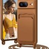 Silikónové puzdro na mobil Google Pixel 8 s remienkom, puzdro na mobil s priehradkou na karty, odnímateľná retiazka, ochranné puzdro odolné proti nárazom pre Google Pixel 8 (žltohnedé)