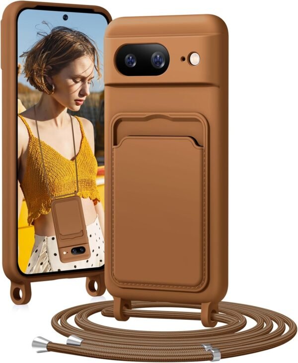 Silikónové puzdro na mobil Google Pixel 8 s remienkom, puzdro na mobil s priehradkou na karty, odnímateľná retiazka, ochranné puzdro odolné proti nárazom pre Google Pixel 8 (žltohnedé)