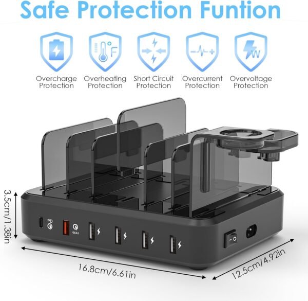 ZWOOS USB nabíjacie stanica 68 W/12 A so 6 konektormi a rýchlym nabíjaním PD 20 W pre iPhone 14/13, držiak iWatch 2 v 1, vrátane 8 káblov pre telefóny, tablety a ďalšie zariadenia