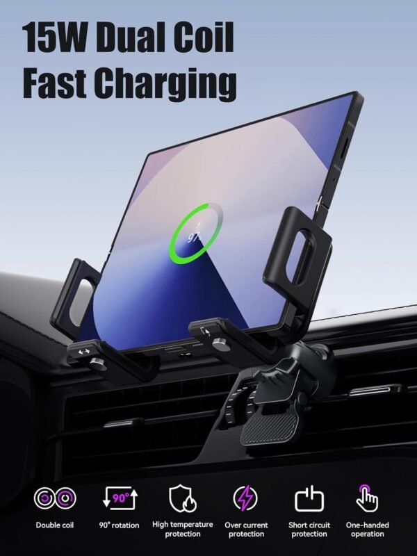Držiak na mobilný telefón do auta pre Galaxy Z Fold/Flip s funkciou nabíjania, podporuje rýchle nabíjanie Qi 15 W s automatickým otočením o 90°, kompatibilný s modelmi Samsung Galaxy Z Fold/Z Flip 7/6/5/4/3/2, S25/S24