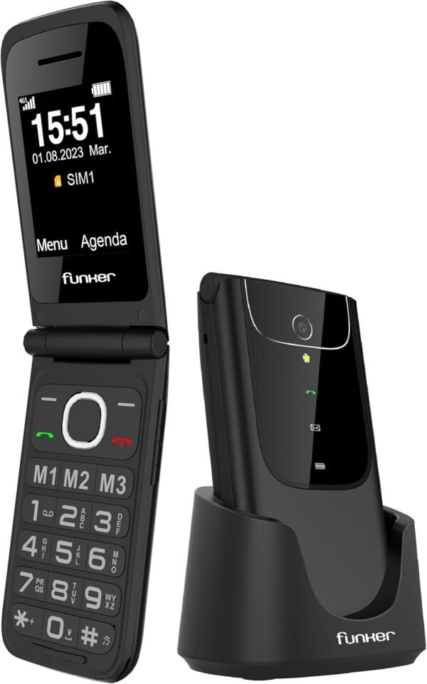 Mobilný telefón Funker C150 Comfort 4G s podporou 4G a VoLTE, s odklápacím krytom, určený pre seniorov, veľké tlačidlá, jednoduché ovládanie, tlačidlo SOS, USB-C, 3 priame pamäťové miesta, 2000 kontaktov, nabíjací stojan, čierna farba