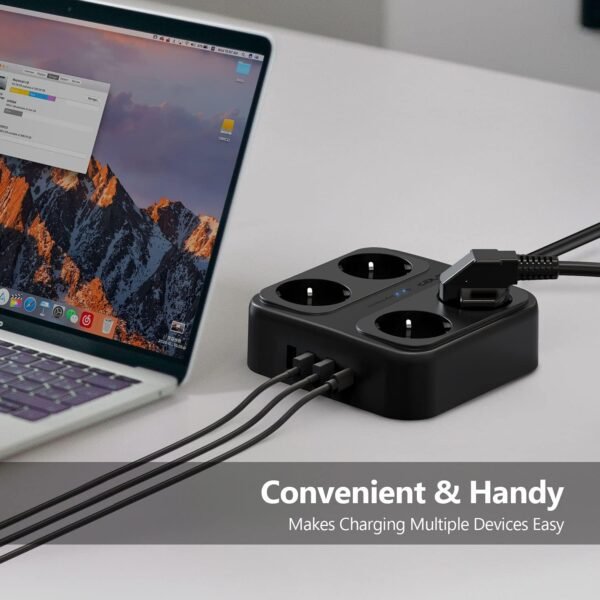 3 m predlžovací kábel, JSVER – viacnásobná zásuvková lišta so 4 priehradkami, 3 portmi USB A a 1 portom USB C, rozbočovač so vypínačom, montáž na stenu, prepäťová ochrana, predlžovací kábel pre domácnosť a kanceláriu, čierny