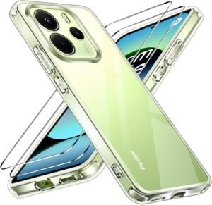 71d0e4Lw2QL._AC_SL1500_.jpg ivoler Priehľadné puzdro pre Xiaomi Redmi Note 14 4G (nie pre Redmi Note 14 5G), ktoré sa nikdy nezžltne, 1 puzdro na mobil s 2 kusmi pancierového ochranného skla, nárazuvzdorné priehľadné ochranné puzdro, tenké