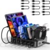 ZWOOS USB nabíjacie stanica 68 W/12 A so 6 konektormi a rýchlym nabíjaním PD 20 W pre iPhone 14/13, držiak iWatch 2 v 1, vrátane 8 káblov pre telefóny, tablety a ďalšie zariadenia
