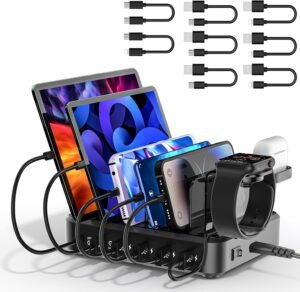 71dNKTXnyEL._AC_SL1500_.jpg ZWOOS USB nabíjacie stanica 68 W/12 A so 6 konektormi a rýchlym nabíjaním PD 20 W pre iPhone 14/13, držiak iWatch 2 v 1, vrátane 8 káblov pre telefóny, tablety a ďalšie zariadenia