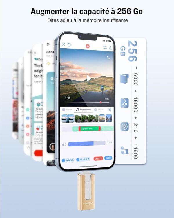 USB kľúč, 256 GB, USB 3.0, vysokorýchlostný prenos, 4 v 1, USB kľúč pre iOS, Android, tablet, typ C a PC, USB kľúč typu C, ukladanie fotografií, videí a súborov (zlatý)