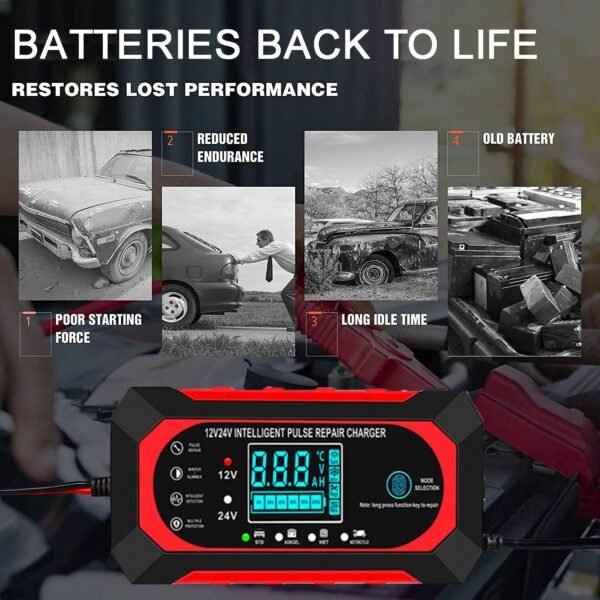71e6XUSg4HL._AC_SL1500_.jpg 10 A nabíjačka autobatérií, 12 V/24 V Smart – plne automatická nabíjačka do auta s LCD displejom, vhodná pre osobné a nákladné automobily, motocykle, kosačky na trávu, člny a lodné batérie