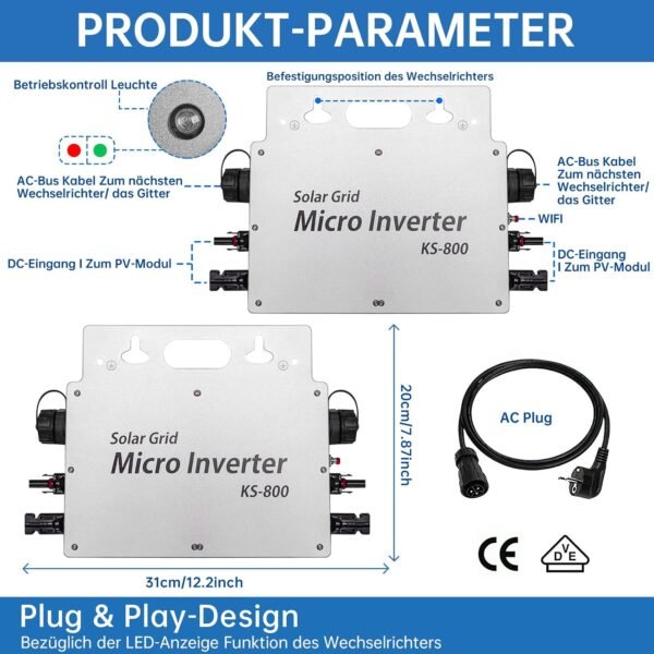 Menič 800 W – menič IP65 vodotesný – solárny menič s aplikáciou WLAN pre 2 solárne moduly pre balkónovú elektráreň, menič pre balkónovú elektráreň 190–270 V AC, strieborný