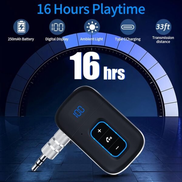 Bluetooth adaptér do auta, adaptér s konektorom Bluetooth 5.3, handsfree volanie, duálne pripojenie, audio prijímač pre auto/domáce stereo/slúchadlá s káblom/reproduktory, výdrž batérie 16 hodín