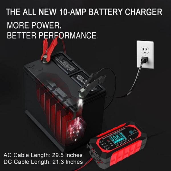 71lwEblFI3L._AC_SL1500_.jpg 10 A nabíjačka autobatérií, 12 V/24 V Smart – plne automatická nabíjačka do auta s LCD displejom, vhodná pre osobné a nákladné automobily, motocykle, kosačky na trávu, člny a lodné batérie