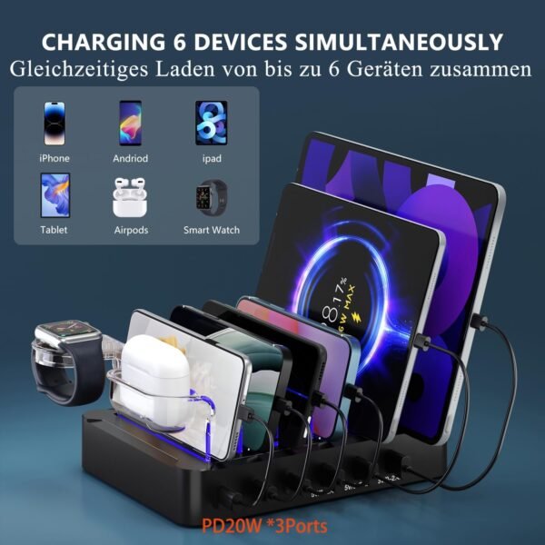 Nabíjacia stanica USB-C Multi Dock s 6 portmi PD 96 W, inteligentná rýchlonabíjacia stanica s 3x PD 20 W, USB-C nabíjací konektor, kompatibilná s telefónmi, iPadmi, hodinkami, stojanmi, tabletmi a ďalšími zariadeniami (6 káblov)