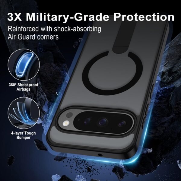 Magnetické puzdro pre Google Pixel 9/9 Pro/10/10 Pro, matné priehľadné puzdro na mobil s neviditeľným stojanom, tenký silikón odolný proti poškriabaniu, zadná strana s vojenským ochranným obalom, čierne