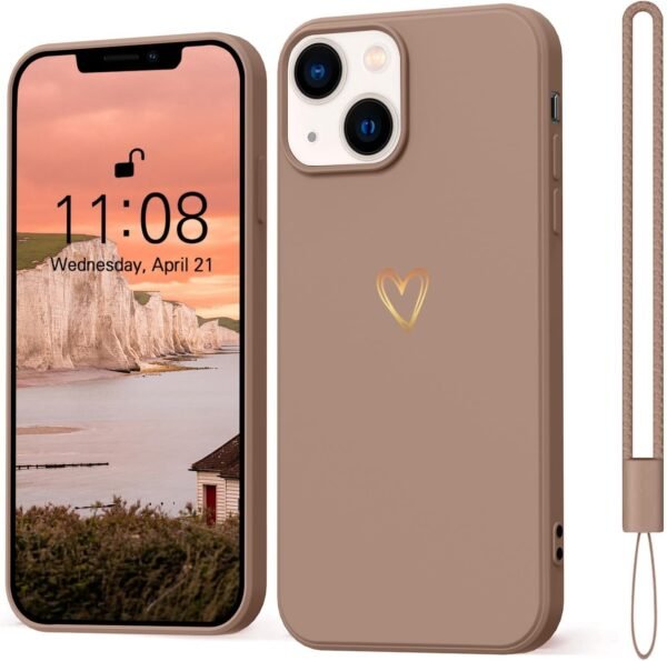 pre puzdro na iPhone 14 – puzdro so zlatým srdcom z lásky, dievčenské puzdro z mäkkého silikónu, tenké, odolné proti nárazom, v odtieni sladkého zlata – ochranné puzdro Love pre iPhone 14 6,1" v hnedej farbe