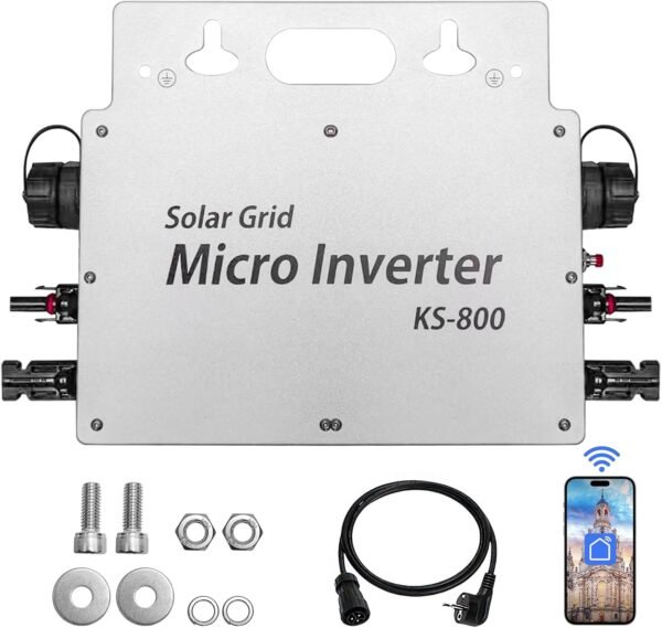 Menič 800 W – menič IP65 vodotesný – solárny menič s aplikáciou WLAN pre 2 solárne moduly pre balkónovú elektráreň, menič pre balkónovú elektráreň 190–270 V AC, strieborný
