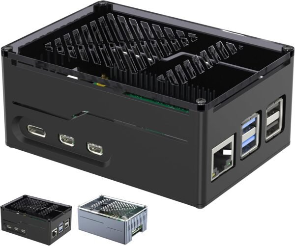 Miuzei Kovové puzdro pre Raspberry Pi 5 s podporou PCIe M.2 NVMe SSD Shield Top X1001/ X1003/ X1000 – všetky rozširujúce dosky SSD na hornej strane, puzdro pre Raspberry Pi 5 8 GB/4 GB s podporou oficiálneho aktívneho chladiča, čierne