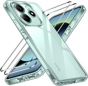 71w15vrlomL._AC_SL1500_.jpg ivoler Priehľadné puzdro pre Xiaomi Redmi Note 14 5G, ktoré nikdy nežltne (nie je určené pre Redmi Note 14 4G), 1 puzdro na mobil s 2 kusmi pancierového ochranného skla, nárazuvzdorné priehľadné ochranné puzdro, tenké