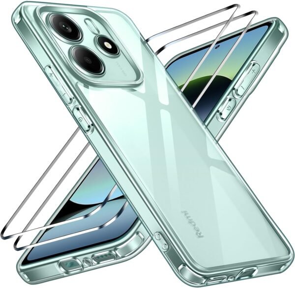 ivoler Priehľadné puzdro pre Xiaomi Redmi Note 14 5G, ktoré nikdy nežltne (nie je určené pre Redmi Note 14 4G), 1 puzdro na mobil s 2 kusmi pancierového ochranného skla, nárazuvzdorné priehľadné ochranné puzdro, tenké