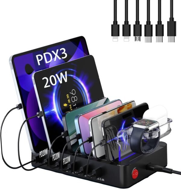 Nabíjacia stanica USB-C Multi Dock s 6 portmi PD 96 W, inteligentná rýchlonabíjacia stanica s 3x PD 20 W, USB-C nabíjací konektor, kompatibilná s telefónmi, iPadmi, hodinkami, stojanmi, tabletmi a ďalšími zariadeniami (6 káblov)
