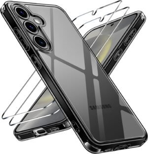 ivoler Priehľadné puzdro pre Samsung Galaxy S24 5G, ktoré nikdy nežltne, 1 puzdro na mobil s 2 kusmi pancierového ochranného skla, [vojenská ochrana] nárazuvzdorné priehľadné ochranné puzdro, tenké a priehľadné