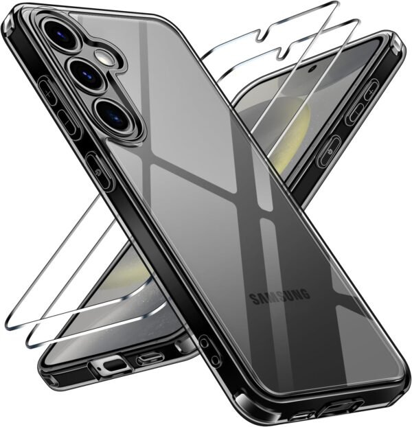 ivoler Priehľadné puzdro pre Samsung Galaxy S24 5G, ktoré nikdy nežltne, 1 puzdro na mobil s 2 kusmi pancierového ochranného skla, [vojenská ochrana] nárazuvzdorné priehľadné ochranné puzdro, tenké a priehľadné