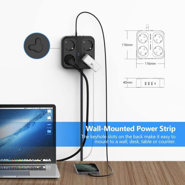 3 m predlžovací kábel, JSVER – viacnásobná zásuvková lišta so 4 priehradkami, 3 portmi USB A a 1 portom USB C, rozbočovač so vypínačom, montáž na stenu, prepäťová ochrana, predlžovací kábel pre domácnosť a kanceláriu, čierny
